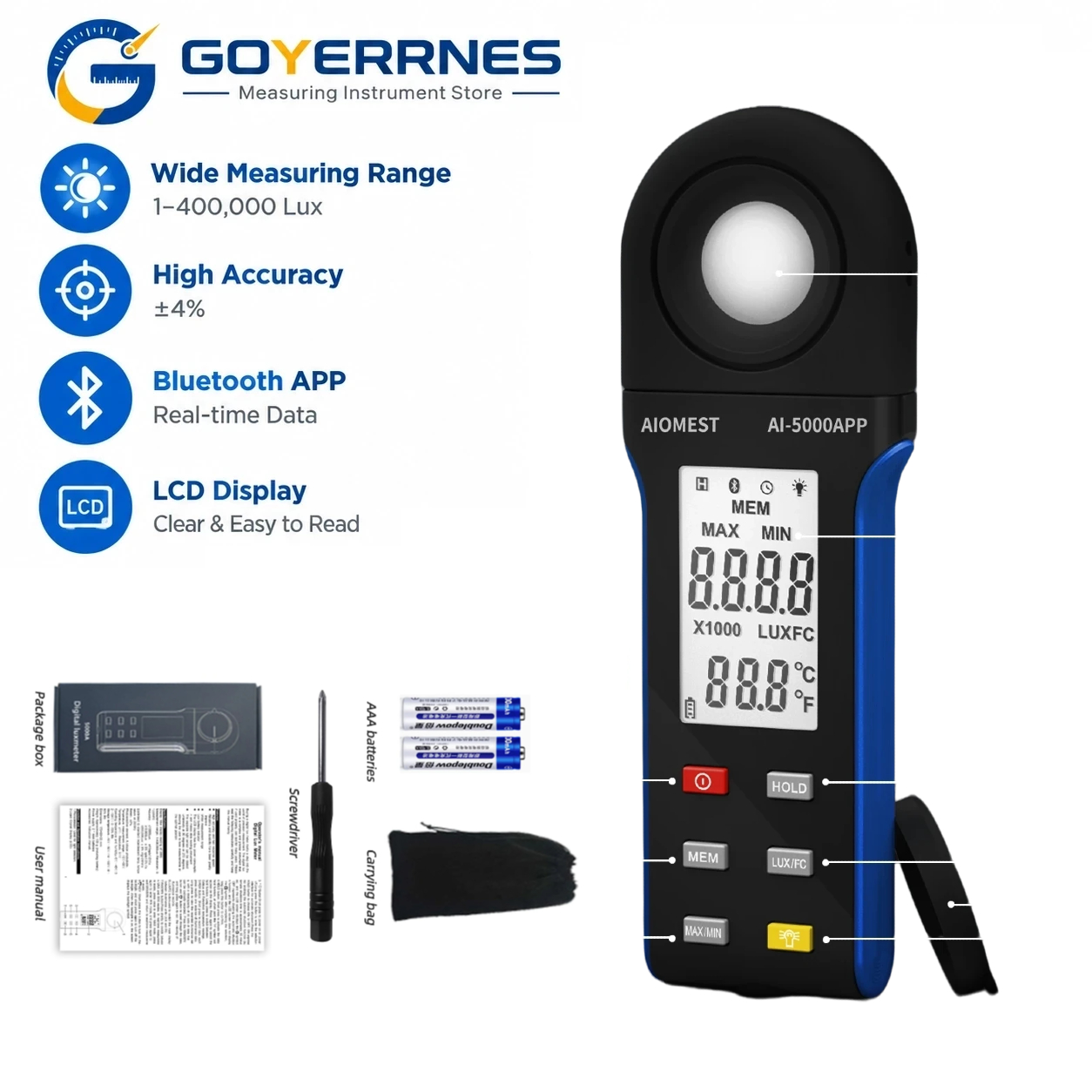Photography Lighting Meter - デジタル照度計 1-400000ルクス Bluetooth対応。屋内・屋外での写真撮影、実験室、工場、学校、家庭での使用に最適。