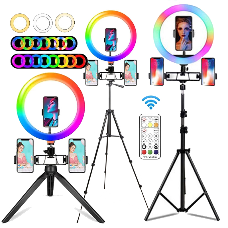 Photography Lighting Description - 10インチRGBリングライト、リモコン付きLED撮影用リングライト、Bluetooth自撮り三脚、TikTok用3つのスマホホルダー付きスタンド